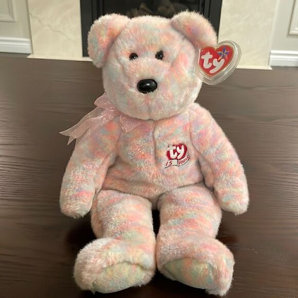 Ty Beanie Buddies Celebrate 15 Years Bear Pastel Sherbet Plush Stuffed Animal - Picture 1 of 8